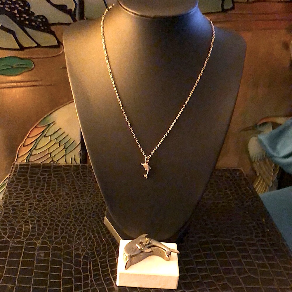 Pewter Dolphin Necklace  Matching Dolphin Earrings With Pewter Dolphin Box